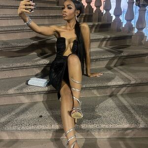 Black Strapless Dress with Silver Heels